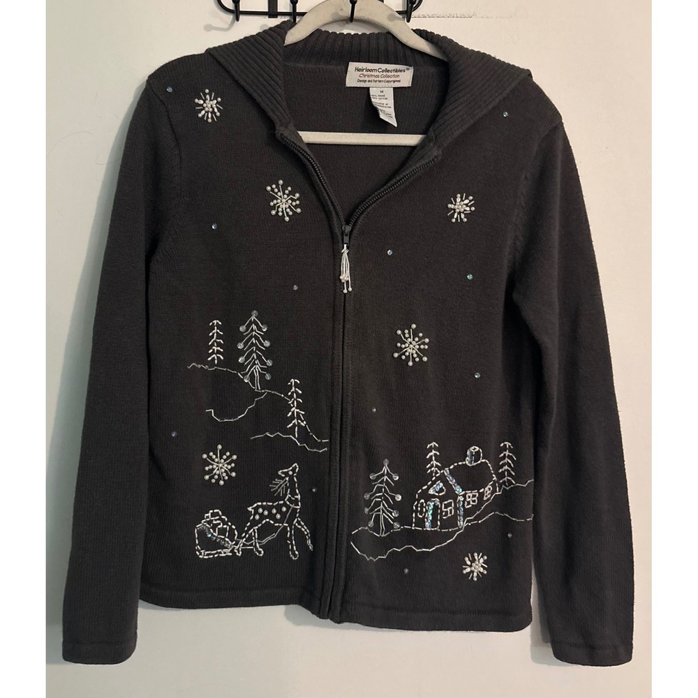 Heirloom Collectibles Christmas Collection Womens Med Gray Zip Beaded Sweater